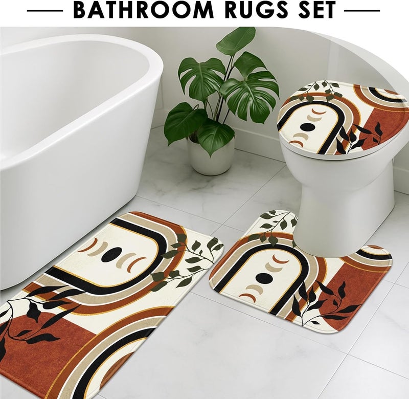 Tayney Boho Mid Century Shower Curtain Set with Toilet Lid Cover and Non-Slip Rugs, Cute Aesthetic Abstract Leaves Geometric 4 Pcs Modern Minimalist Shower Curtain for Bathroom Set with 12 Hooks - Image 5